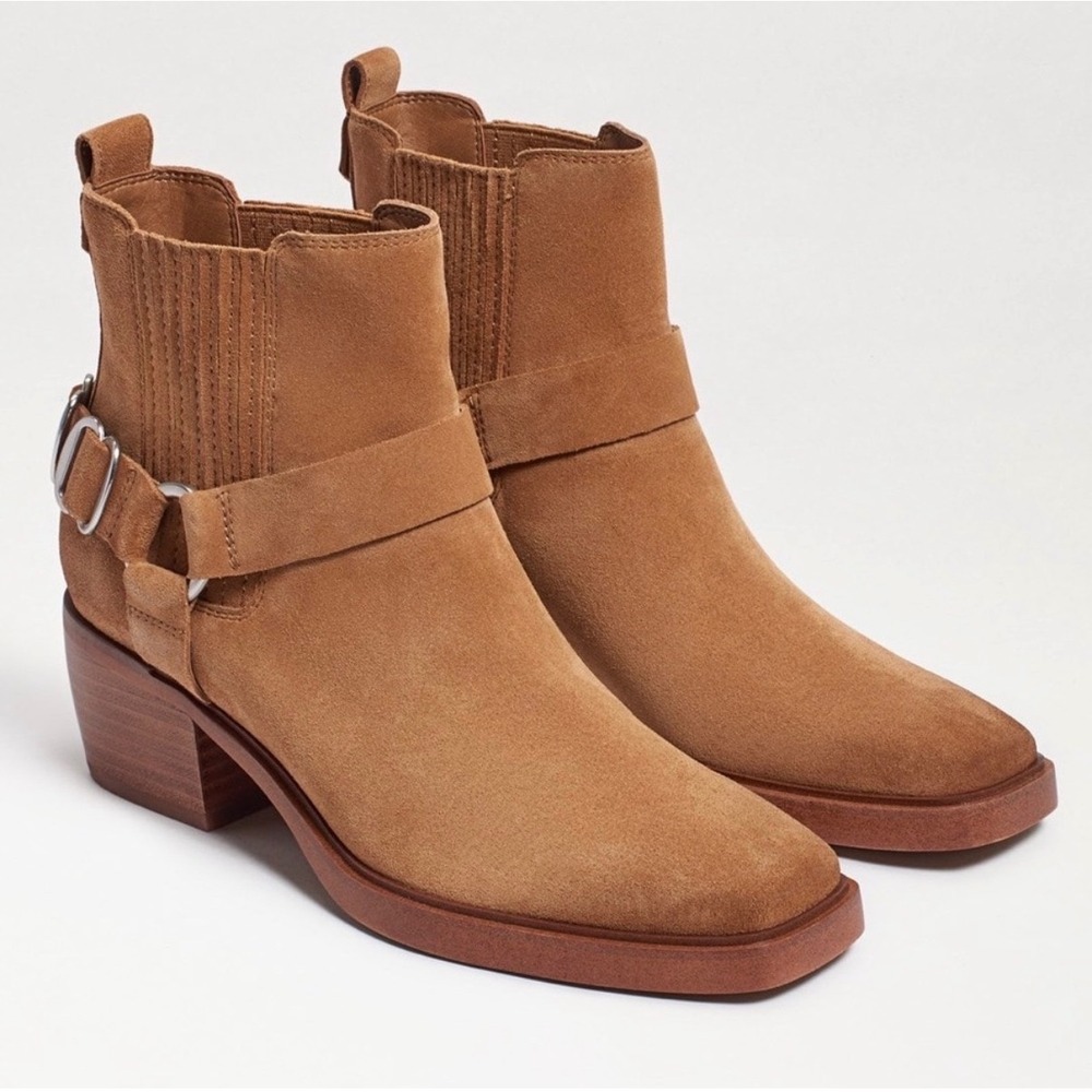 Sam Edelman Bellamie Tan Suede Western Harness Ankle Boots Square Toe 8.5